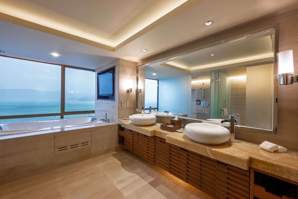 Shower, rainfall showerhead, eco-friendly toiletries, hair dryer