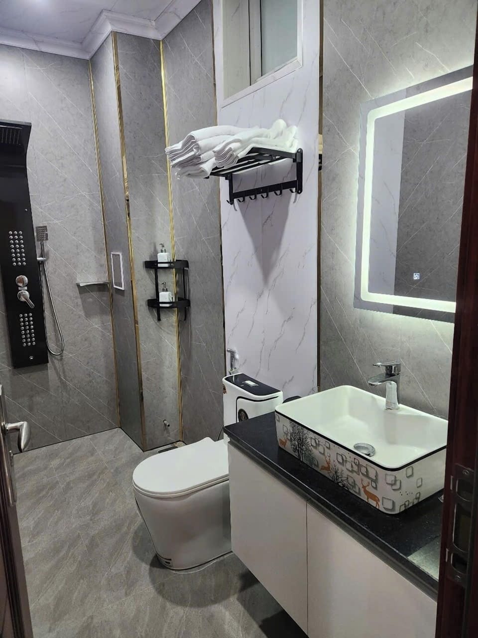 Shower, hair dryer, slippers, bidet