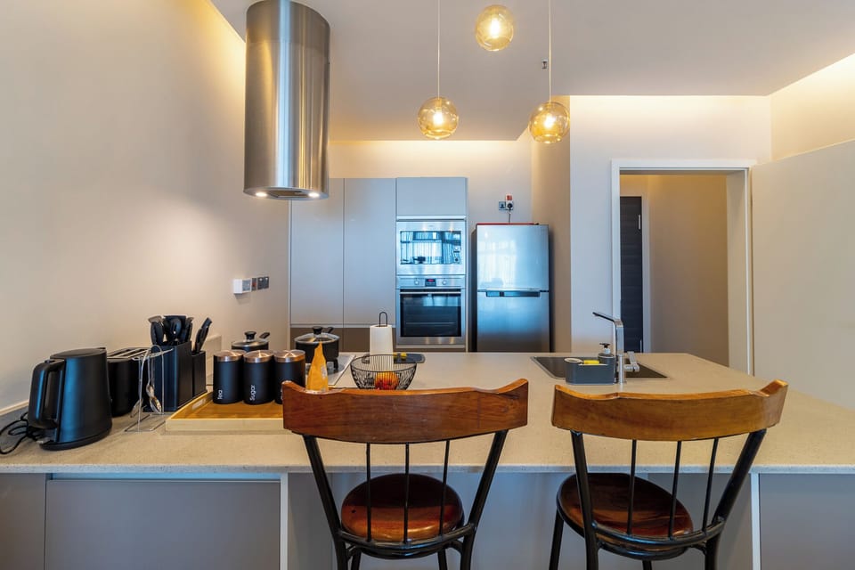 View of the kitchen from over the breakfast bar