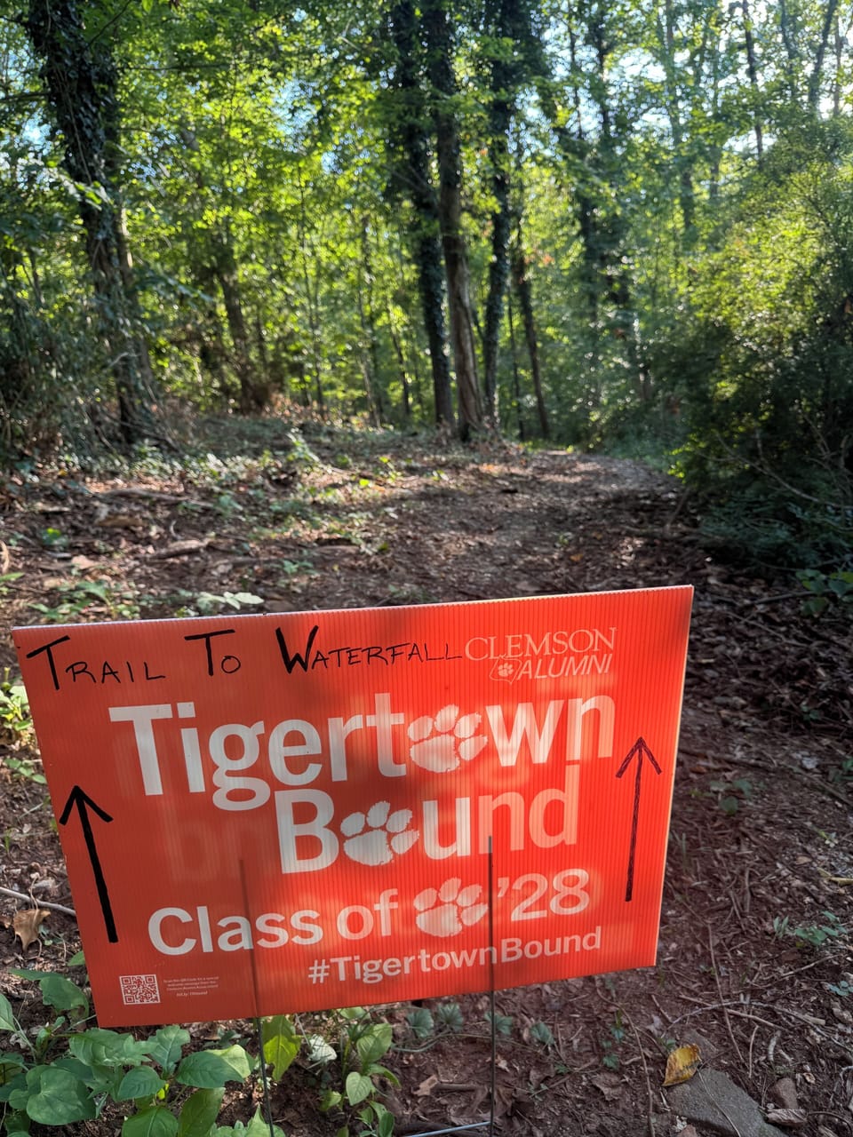 Locate the Tigertown Bound Sign and find your way to the Waterfall