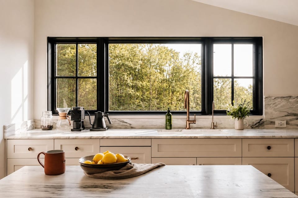 Brew a pour-over at the counter while looking out over the trees. Fresh lemons and a mug are set out, ready for you to start the morning right here.