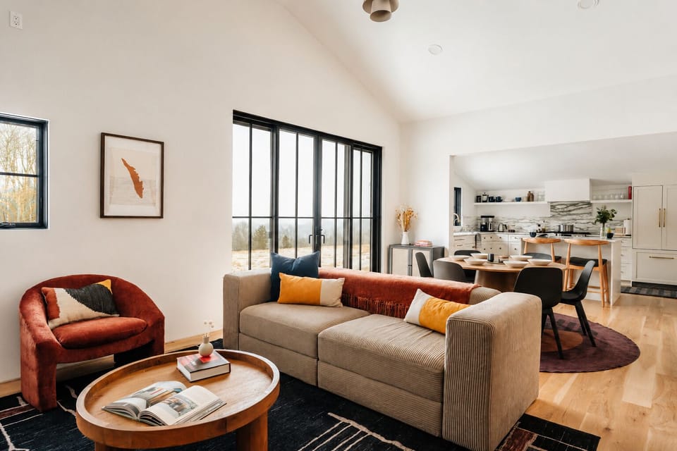 Curl up on the couch or the red accent chair with a book from the coffee table. The open layout keeps you close to the kitchen if someone wants to grab a snack.