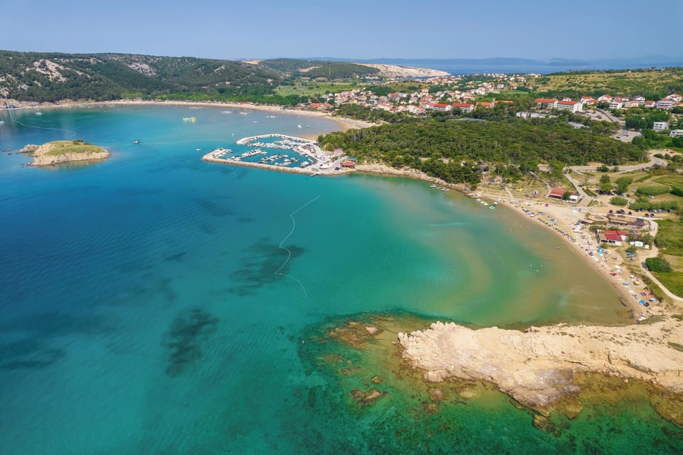 Aerial panorama of the Rajska Plaza beach on Rab Island