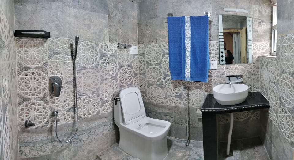 Hair dryer, towels, soap, shampoo