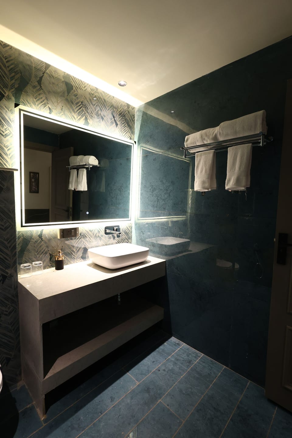 Hair dryer, slippers, towels, soap