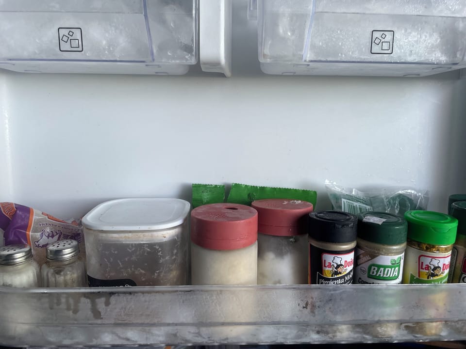 Freezer is stocked with  salt, peppers and spices for cooking. Oils & vinegar 