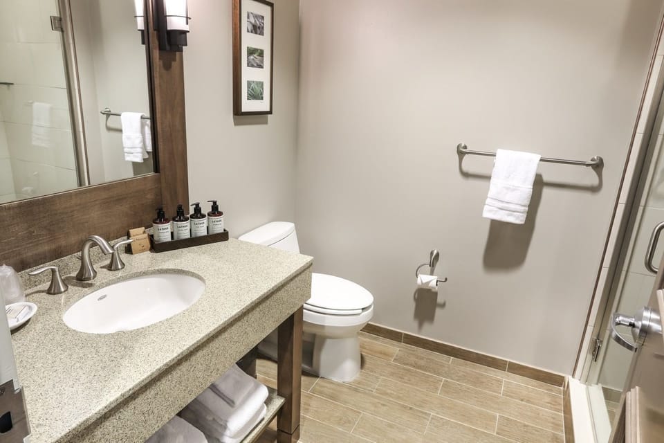 A modern and well-appointed bathroom designed for comfort and relaxation.