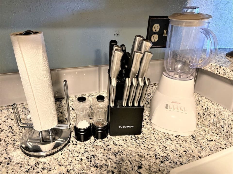 All Kitchen utensils, dishes, glassware, blender, dishwasher, washer/dryer, in condo for your use.