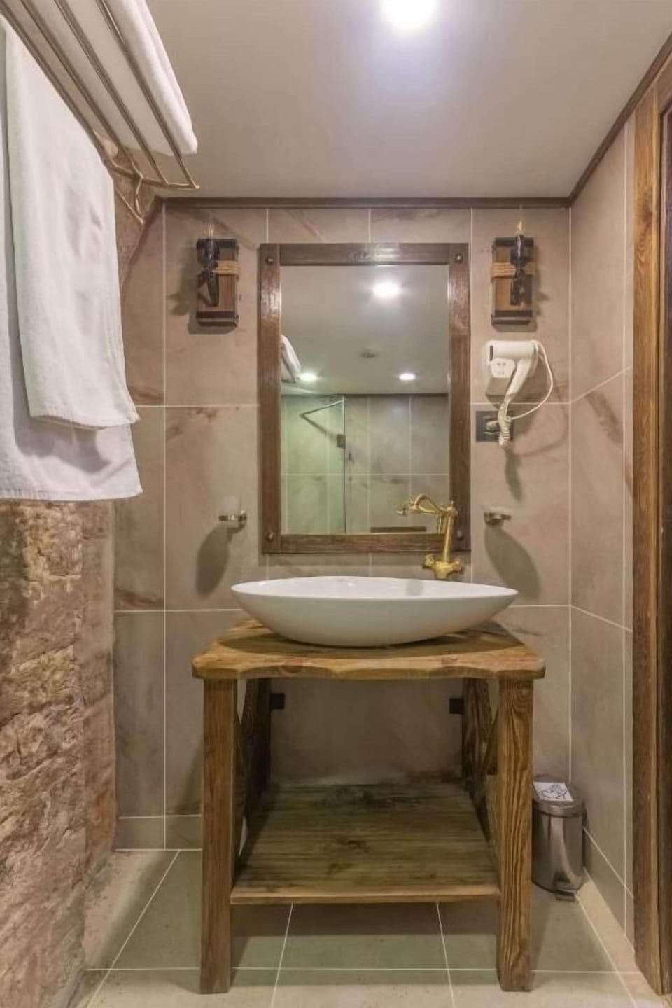 Hair dryer, bathrobes, slippers, towels