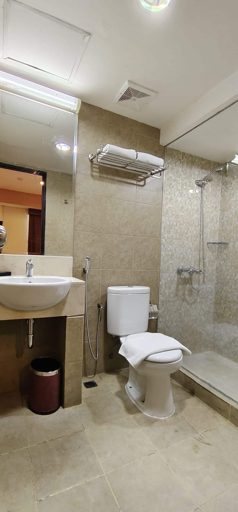 Shower, slippers, bidet, towels