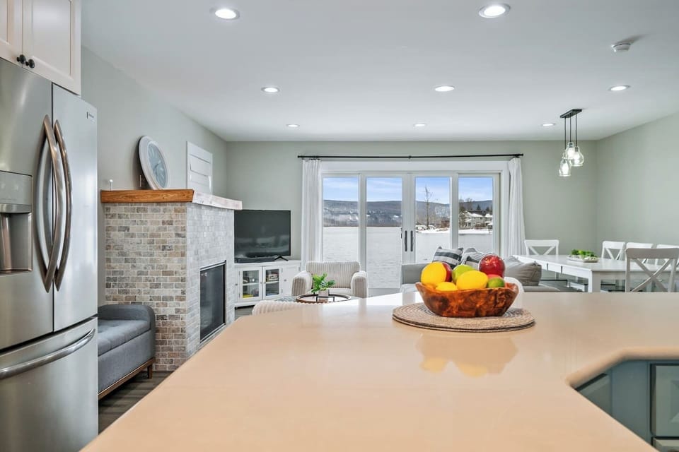 Kitchen view toward the waterfront windows