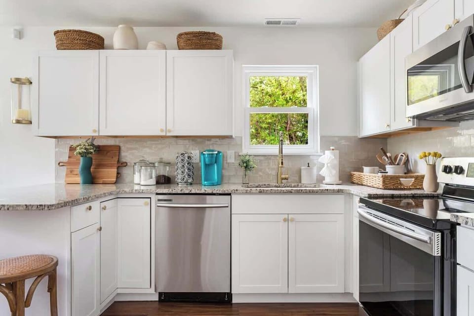 Fully stocked kitchen with island seating 