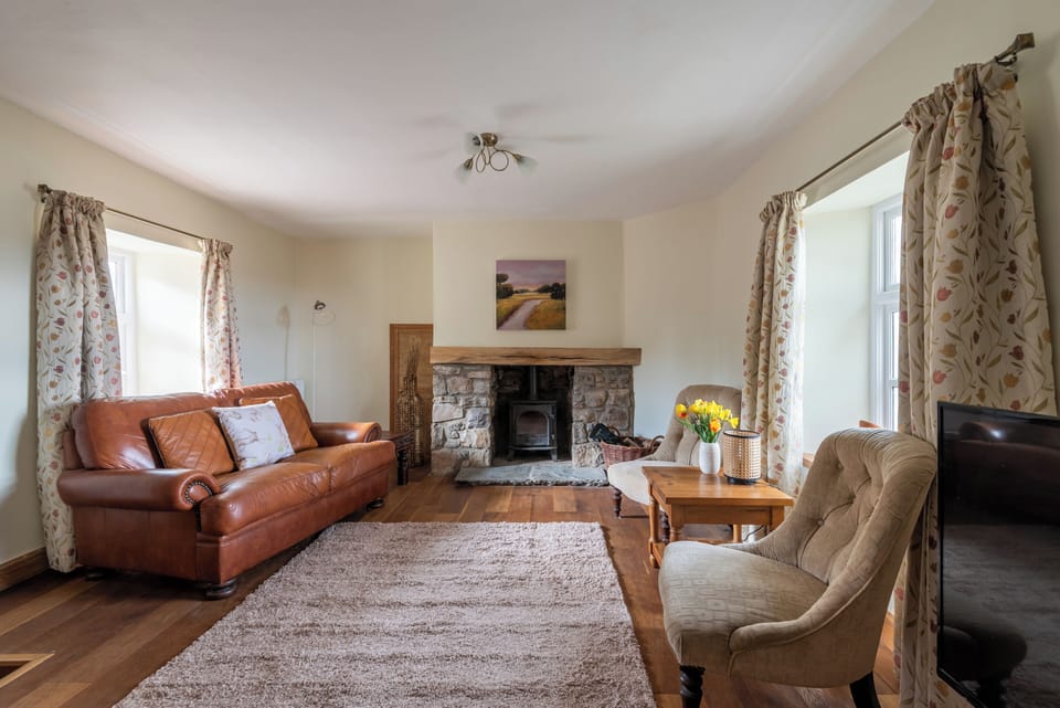 The large living room has two sofas and a wood burning stove.