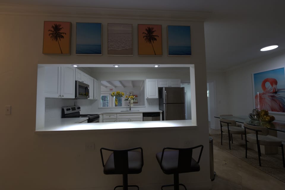 Fridge, microwave, oven, cookware/dishes/utensils
