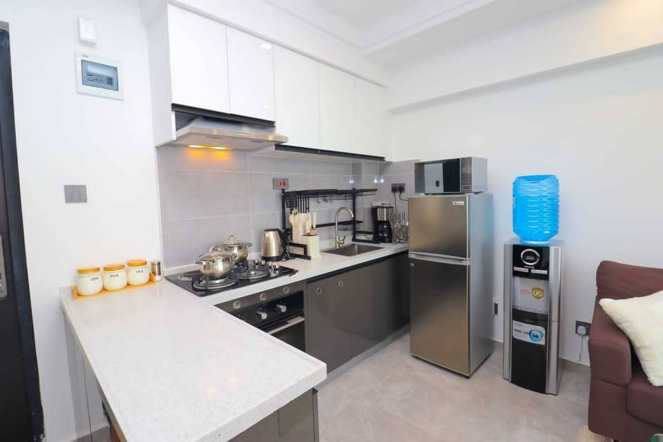 Deluxe Apartment, City View | Private kitchen | Fridge, microwave, cookware/dishes/utensils