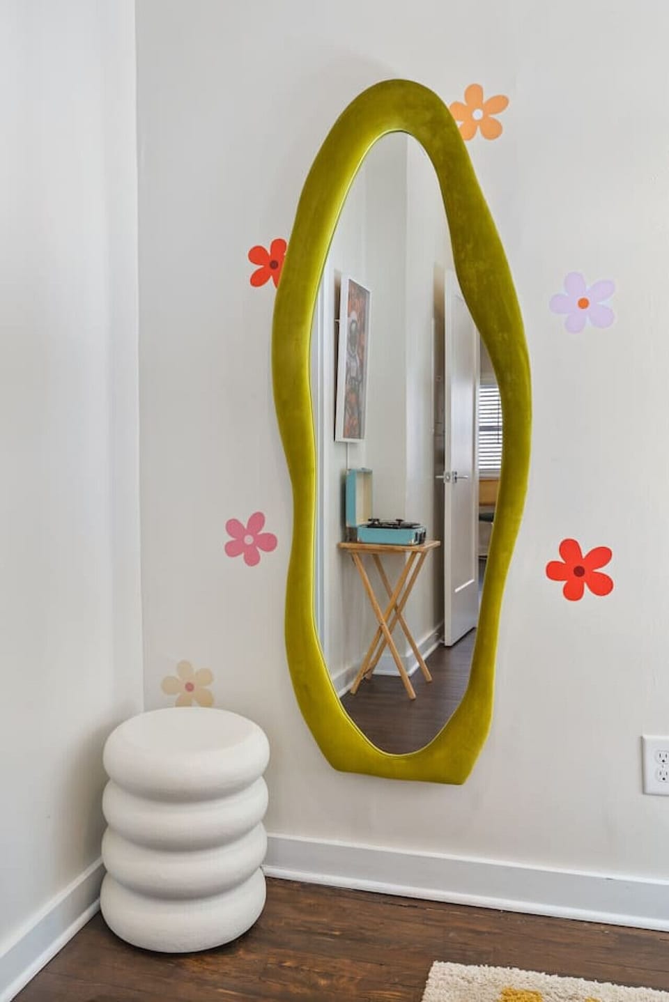 Two twin bunkbeds in the Bedroom. Full length mirror, Closet with hangers and shelf, Nightstands to store your items in.