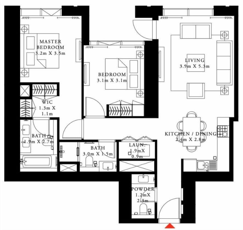 A spacious 2-bedroom, 2.5-bath apartment in the heart of Downtown, featuring a full kitchen, laundry room, and all the essentials for a comfortable stay.