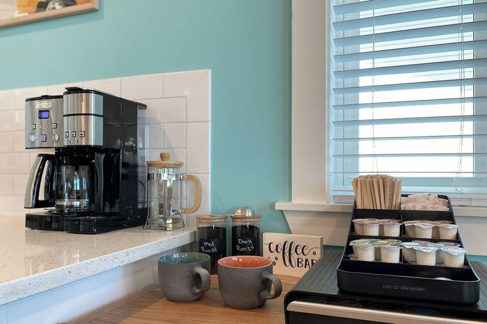 We just added a new Coffee Bar that includes seven flavors of K-Cups along with Dark and Medium roasted grounds as well as a French Press