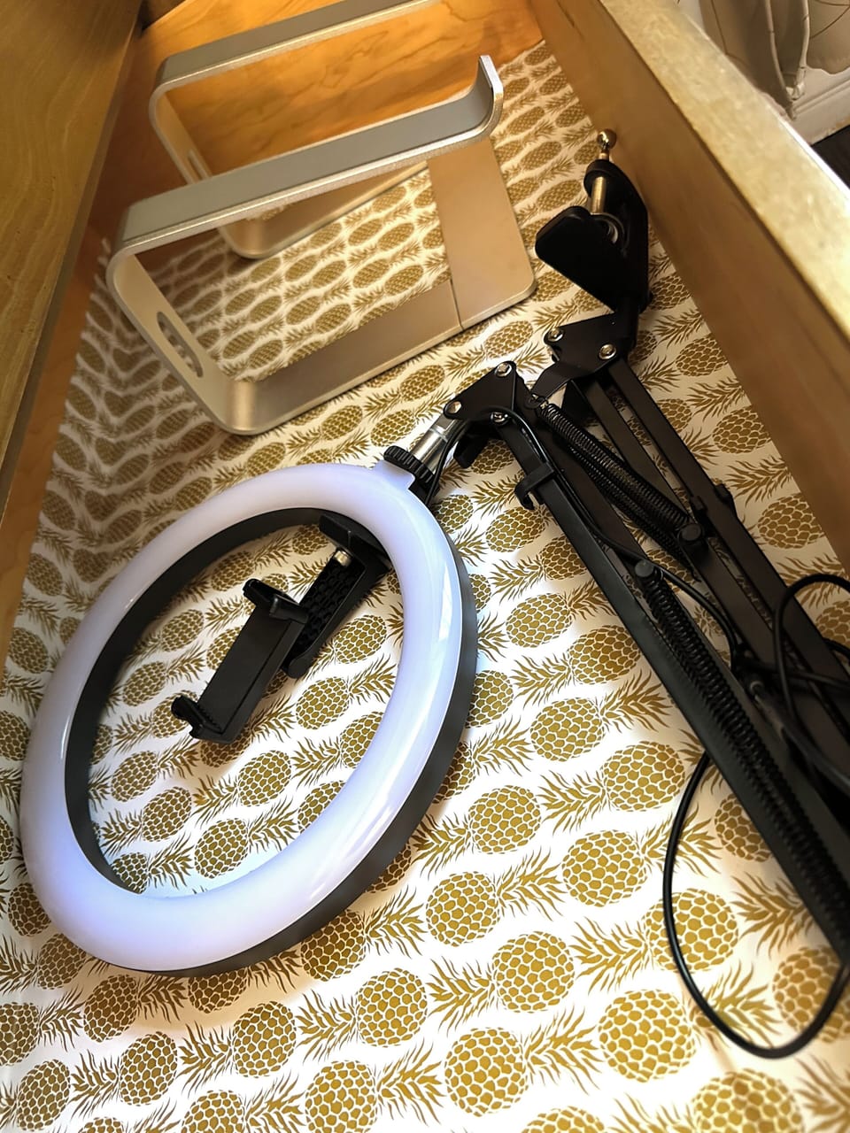 Laptop stand and ring light for those digital nomads