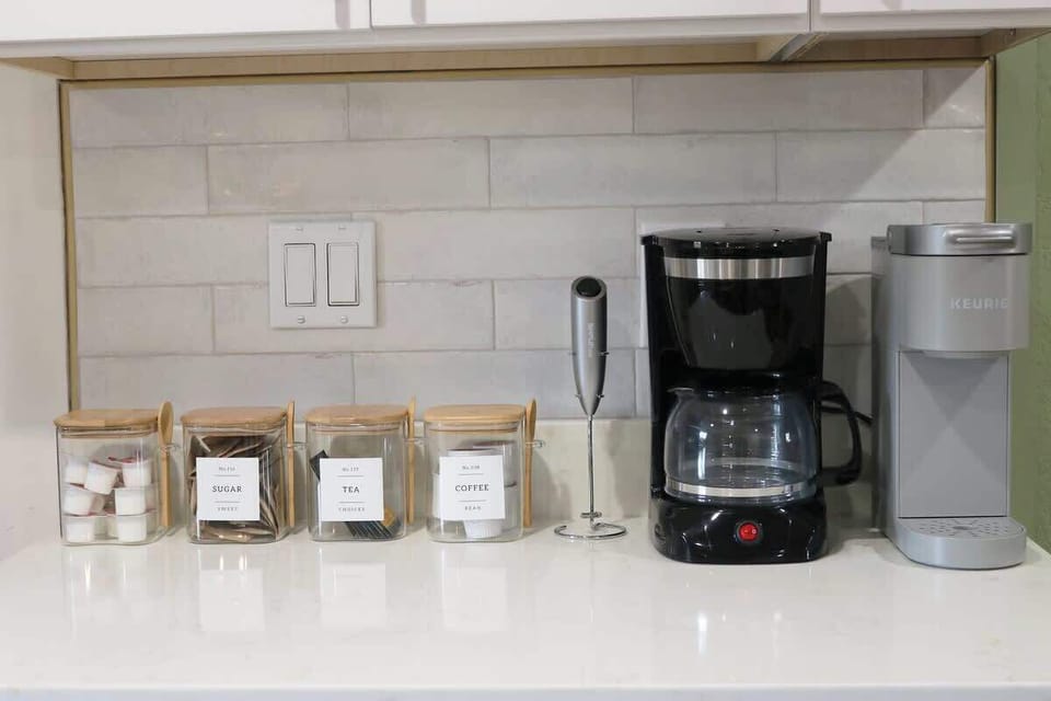 Are you a coffee drinker? We provide K-Cups, Creamer and Sugar during your stay! Make your favorite cup of joe with our Keurig, Black Coffee Maker, French Press and Frother found at your coffee station! 
