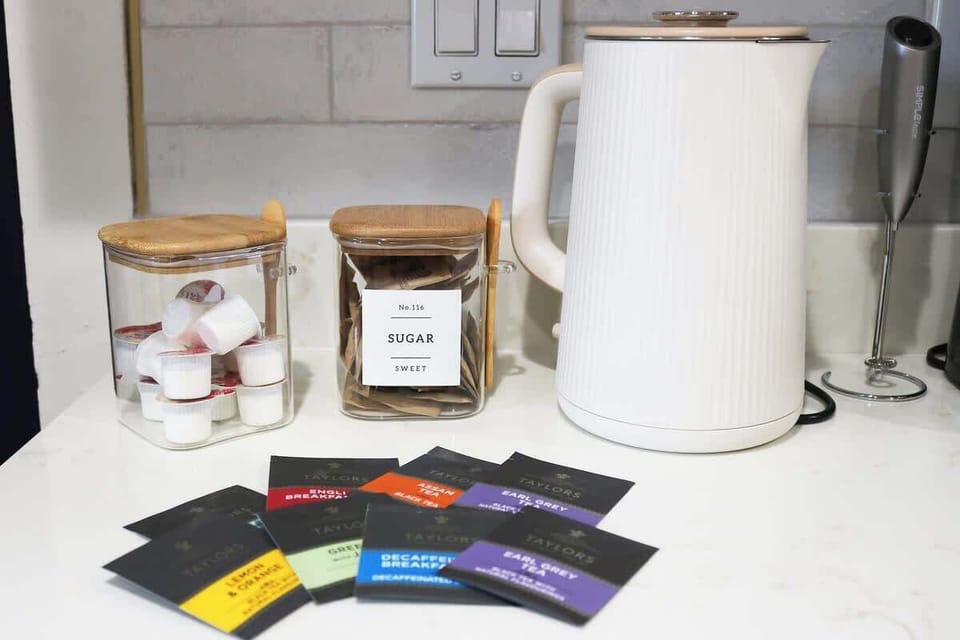 Are you a tea drinker? We provide Creamer, Sugar and an assortment of tea flavors during your stay! Heat up water in our electric kettle and enjoy a delicious mug full of tea. 