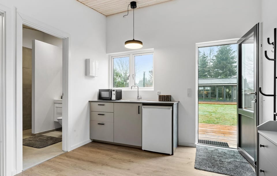 Fridge, stovetop, dishwasher, coffee/tea maker