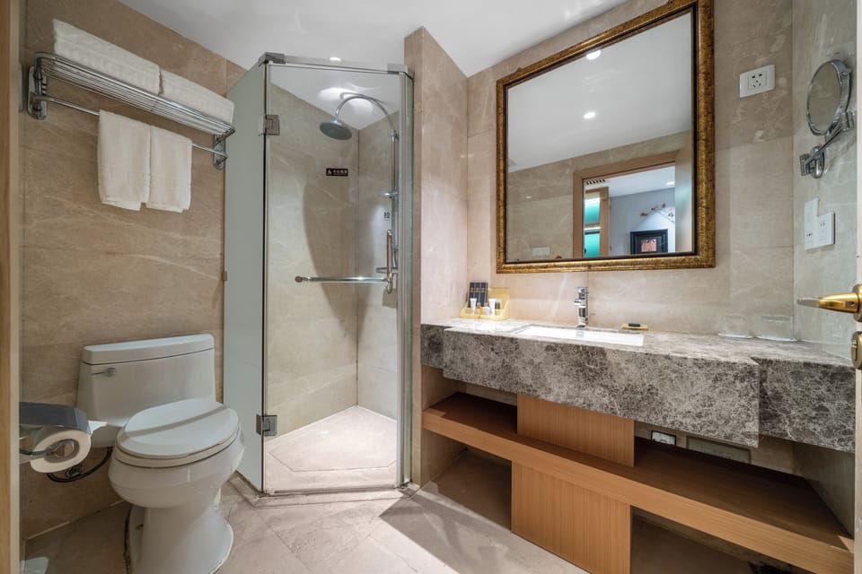 Separate tub and shower, hair dryer, bathrobes, towels