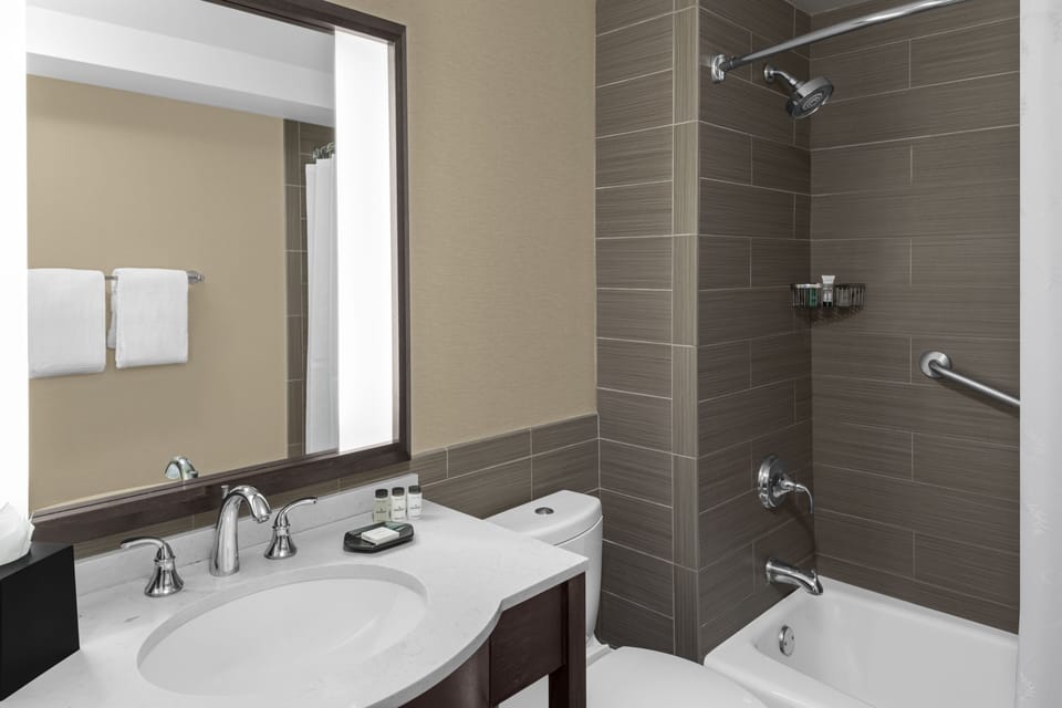 Combined shower/tub, free toiletries, hair dryer, towels