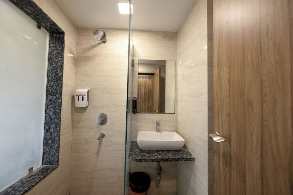 Shower, slippers, towels, soap
