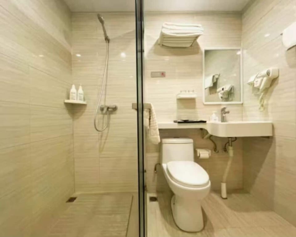 Shower, rainfall showerhead, hair dryer, slippers