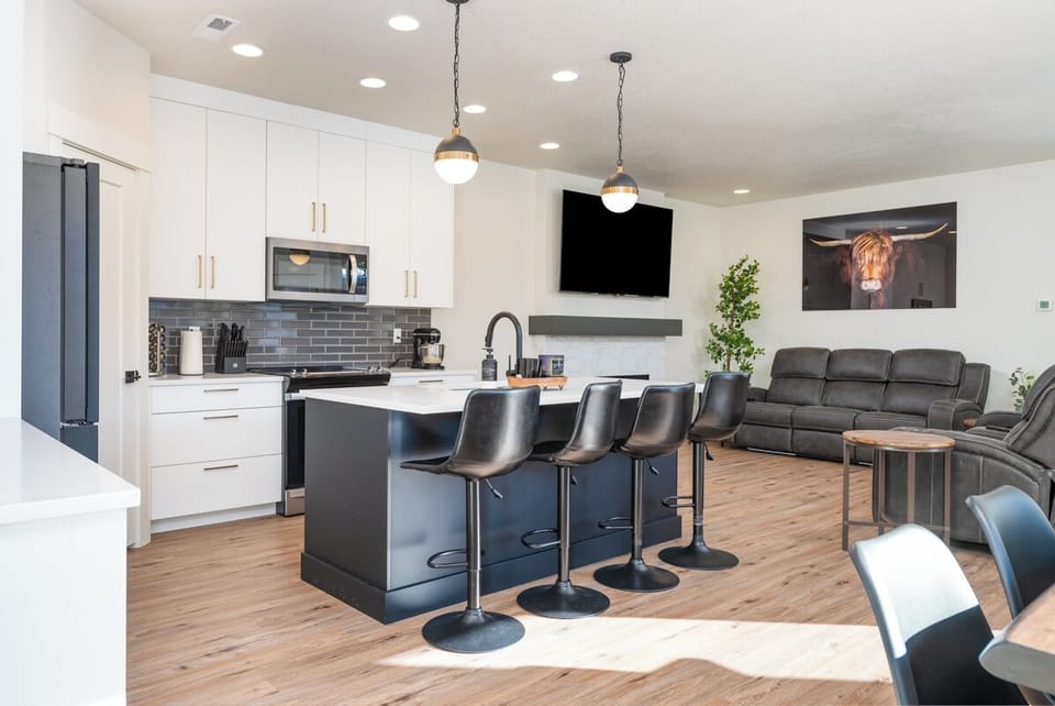 Sophisticated dining area in cool gray tones