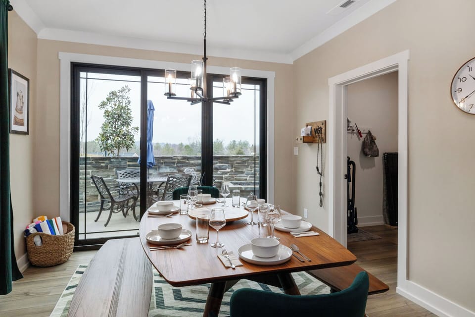 Dining area looks out onto the patio. 