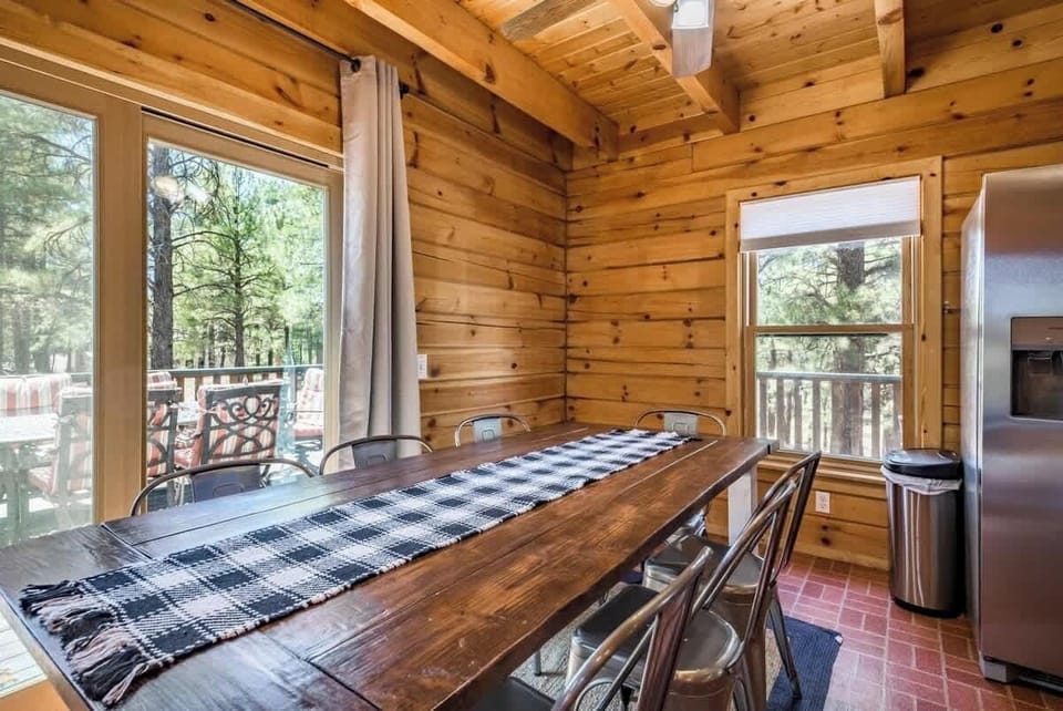 Our solid wood dining table offers seating for up to 8. Enjoy meals or board games with the entire group!