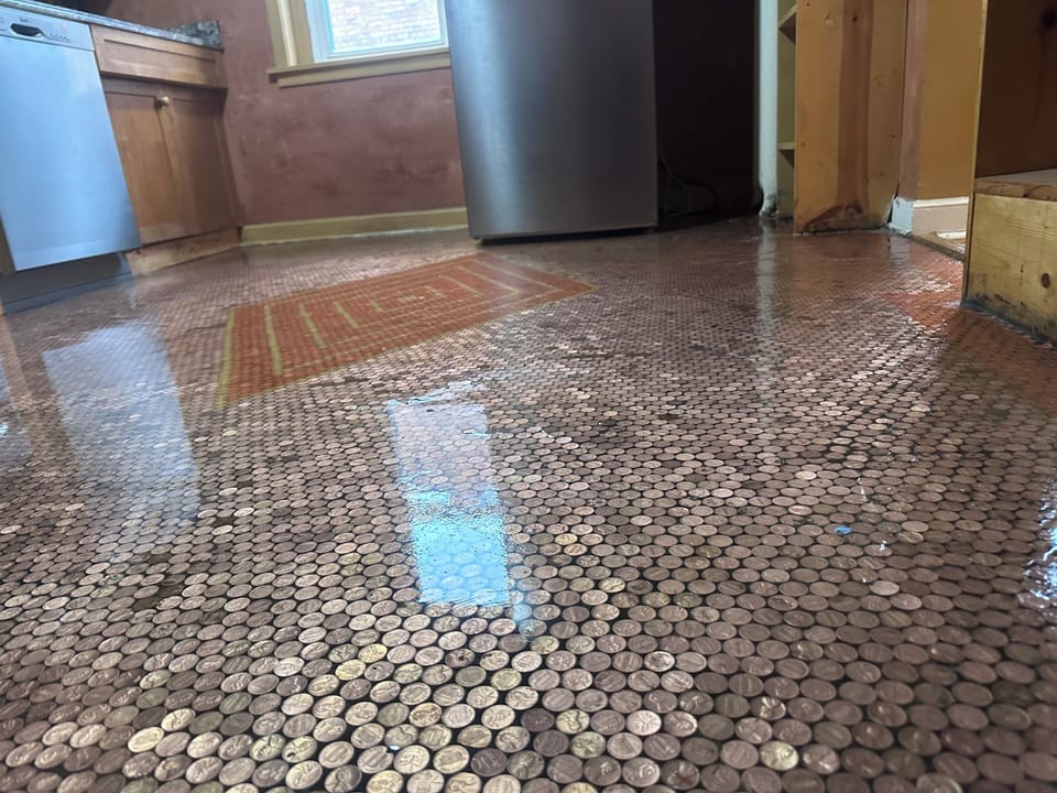 Decorative Penny floor in Kitchen.