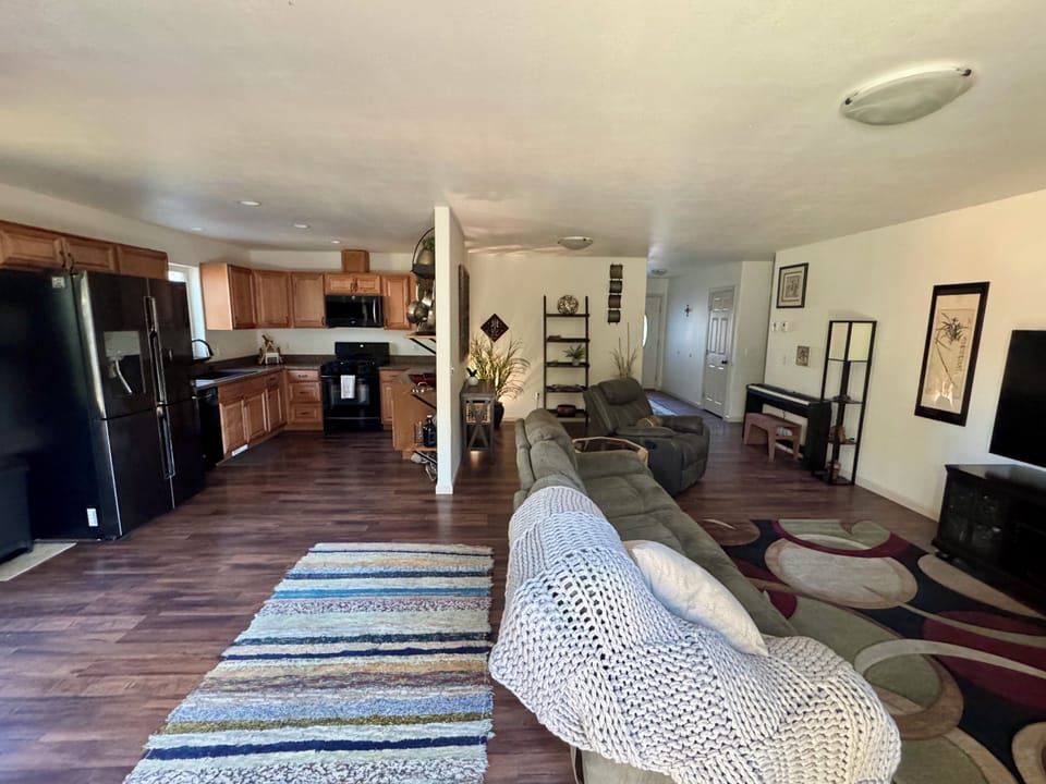 Kitchen and living room view from sliding glass door