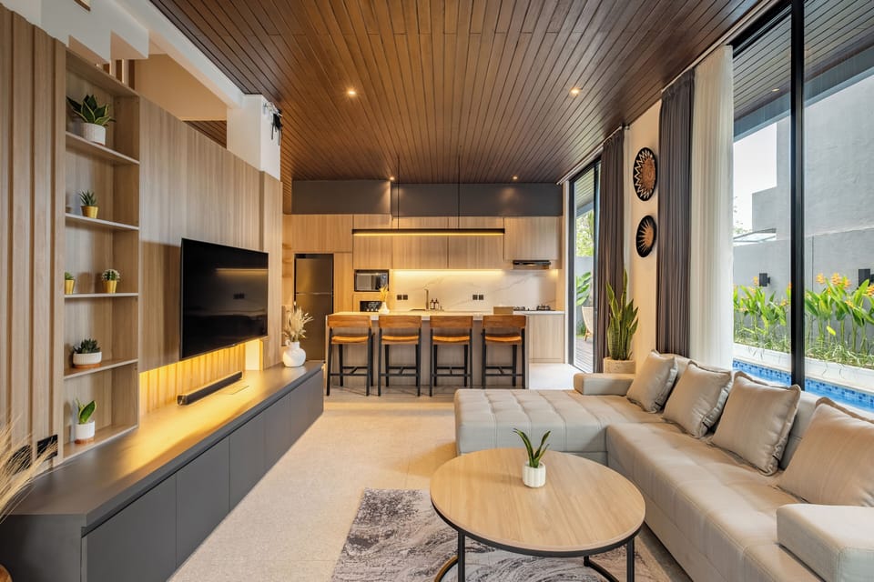Deluxe Villa, 3 Bedrooms, Private Pool, Pool View | Living area | 55-inch Smart TV with digital channels, Netflix, streaming services