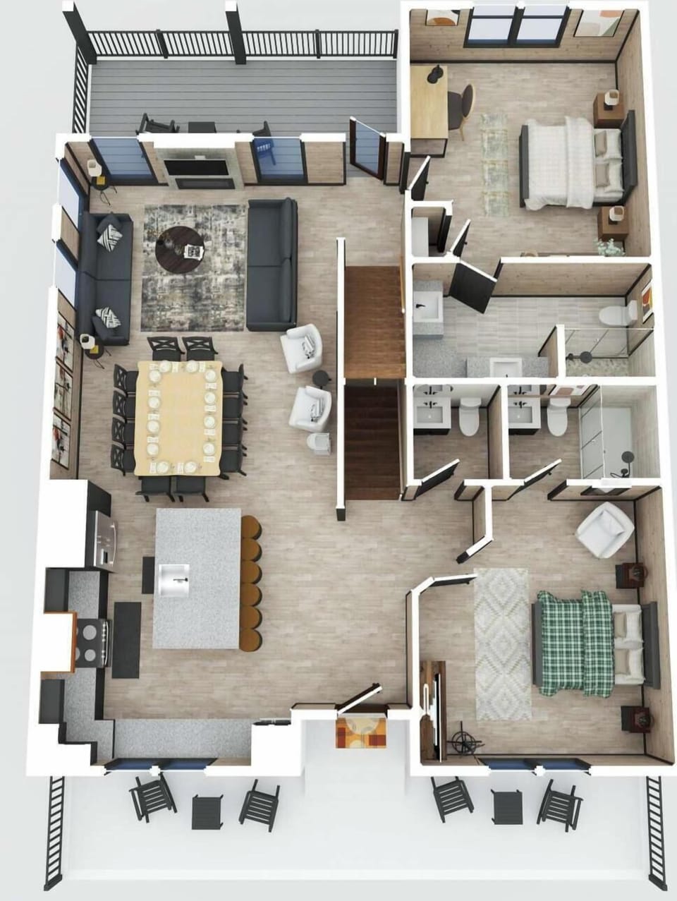 Open living space with wood ceiling and fan
