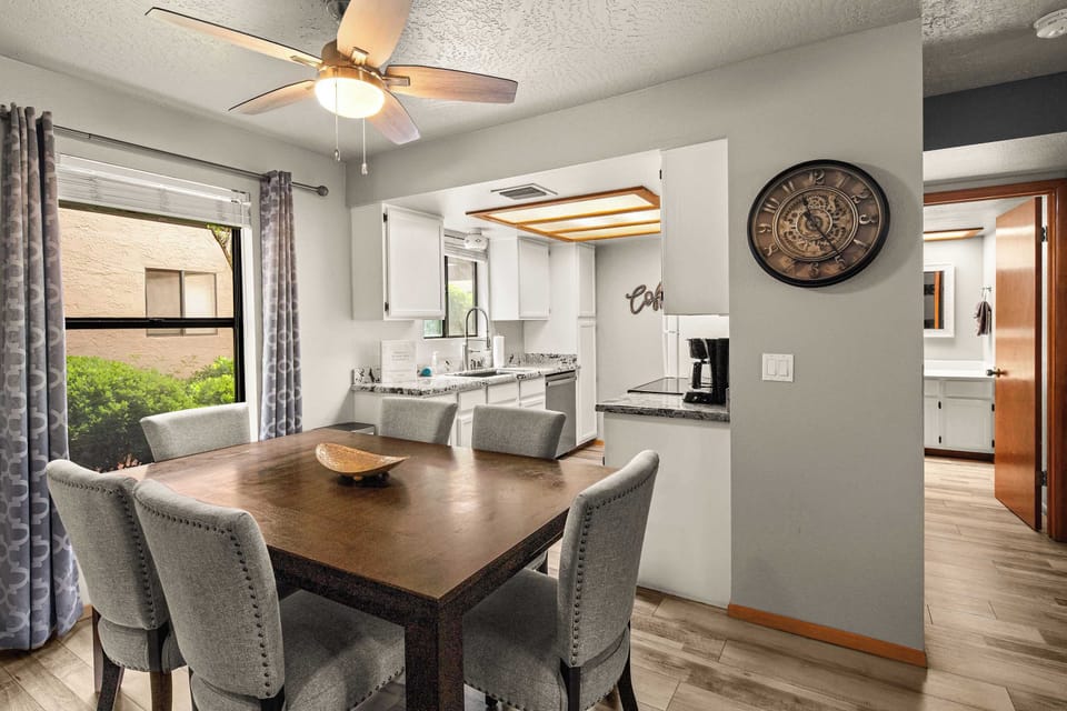 Spacious and beautifully decorated dining area that feels both stylish and comfortable.