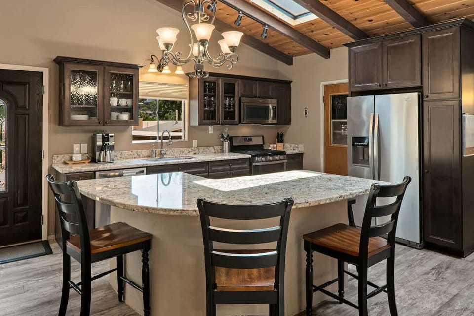 Fully stocked kitchen with lots of light and plenty of space.
