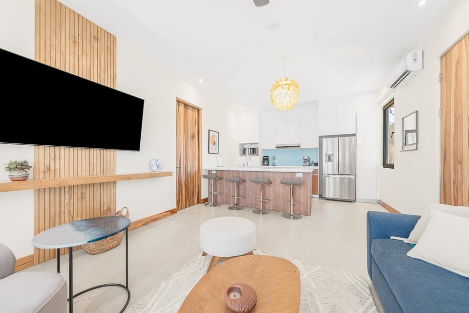 Upstairs apartment social area with Queen Sleeper sofa, Smart TV and Full Kitchen