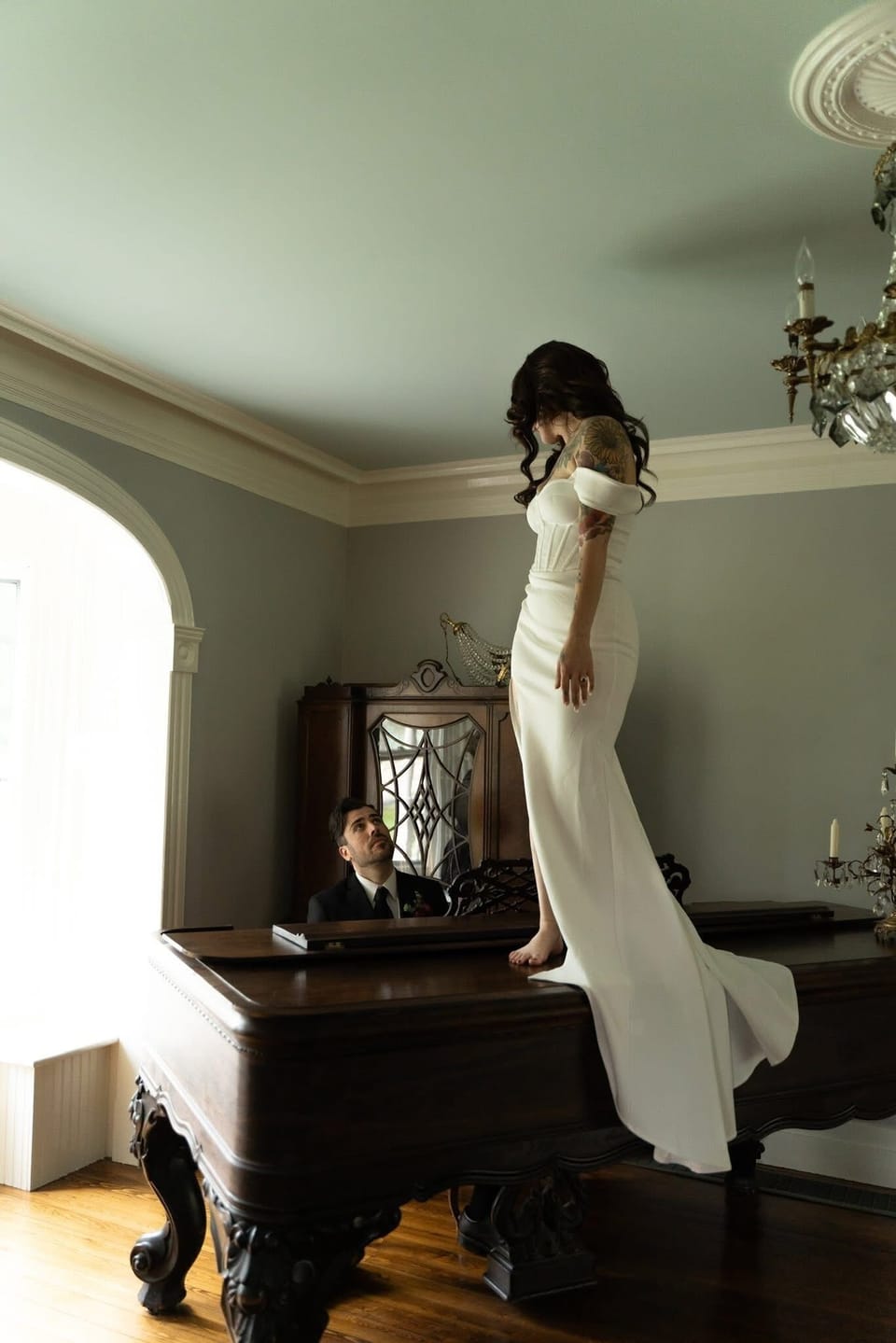 An 1860s piano invites a playful bride