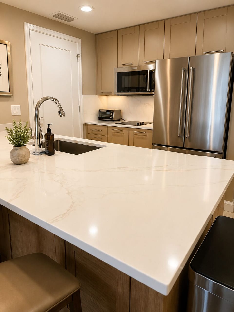 Modern chef’s kitchen with waterfall island and stainless appliances