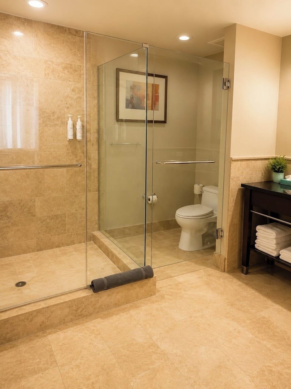 Spa-style bathroom with oversized glass walk-in shower