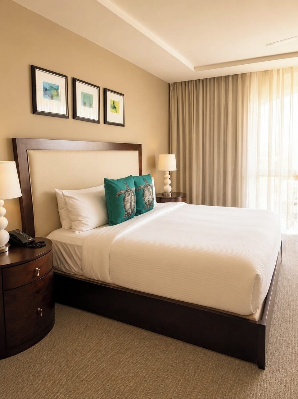 Bright, elegant bedroom with plush linens and soft natural light