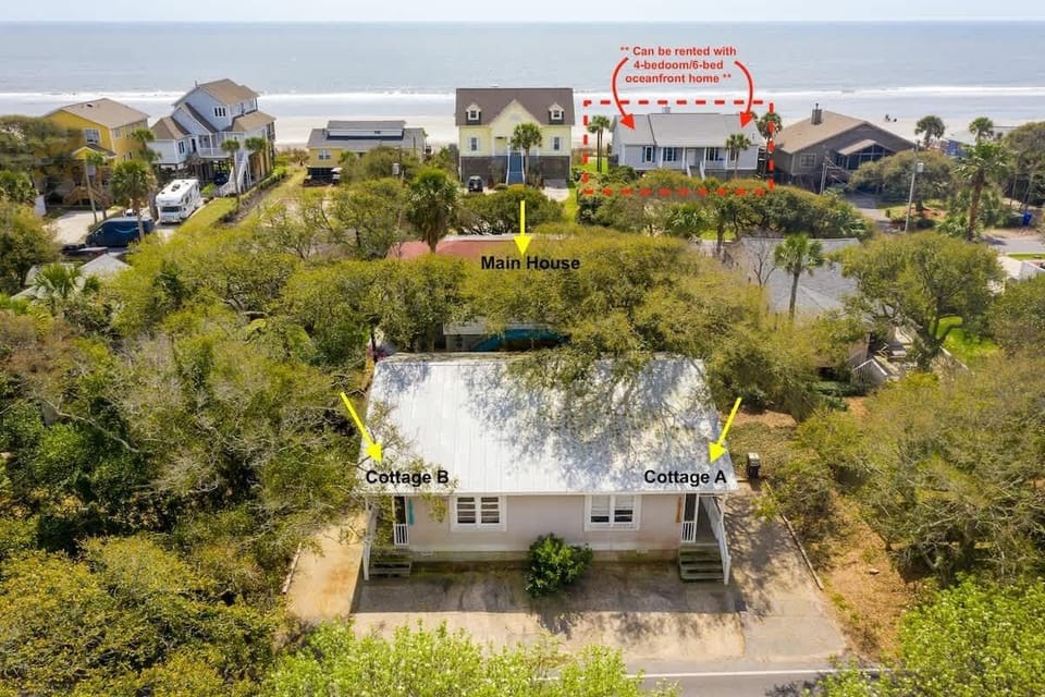 Aerial View of Compound showing Main House, Cottage A, & Cottage B.
** Can be rented with 4-bedroom/7-bed oceanfront home across the street.**