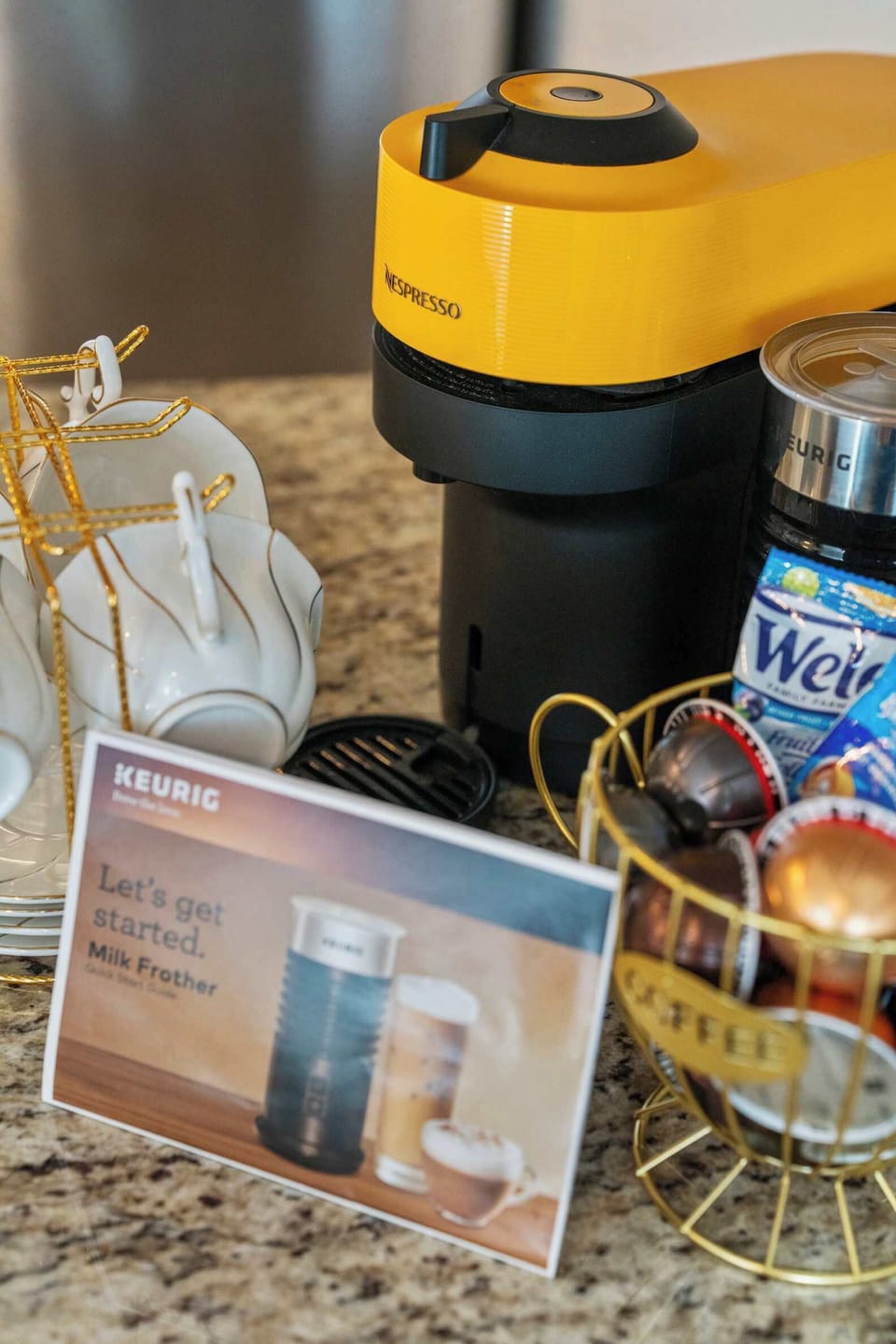 Start your morning right at our deluxe coffee bar, featuring a Nespresso machine and a Keurig milk frother for café-quality lattes. We provide a curated selection of coffee pods and elegant glassware to elevate your stay.