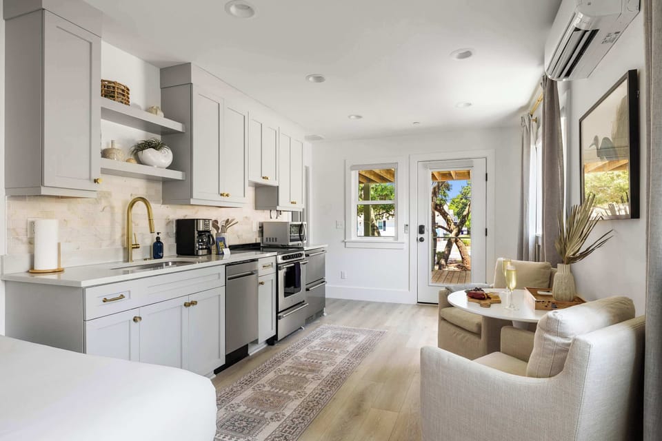 Fully equipped kitchen with everything you need to cook a meal and seating for two!