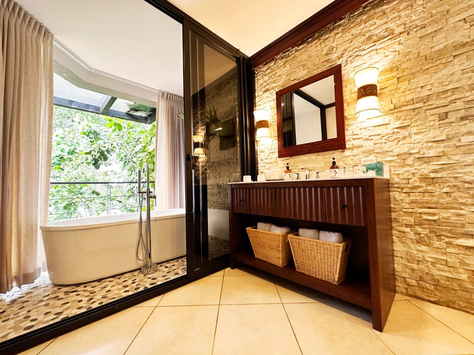 Eco-friendly toiletries, hair dryer, towels, soap