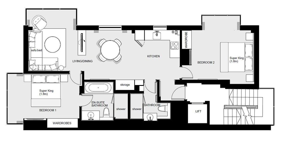 Apartment, 2 Bedrooms | In-room safe, blackout drapes, soundproofing, iron/ironing board