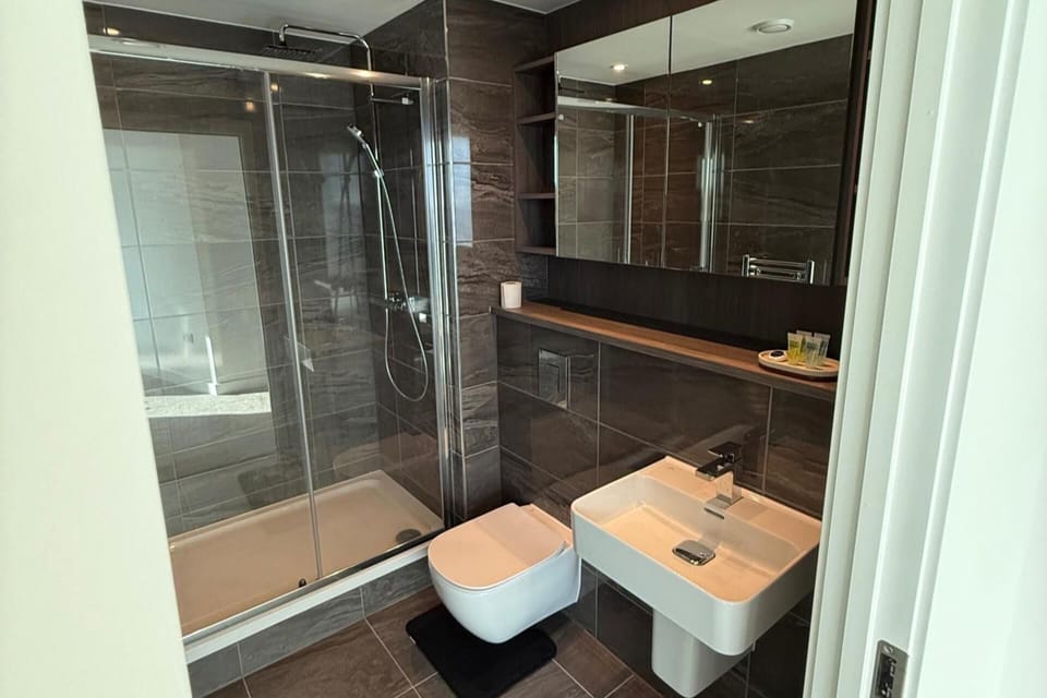 Combined shower/tub, deep soaking tub, towels, toilet paper